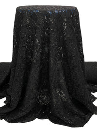 Black Nylon/Lycra Double Scalloped Border Floral Design Stretch Lace With Sequins - NY Designer - 56W