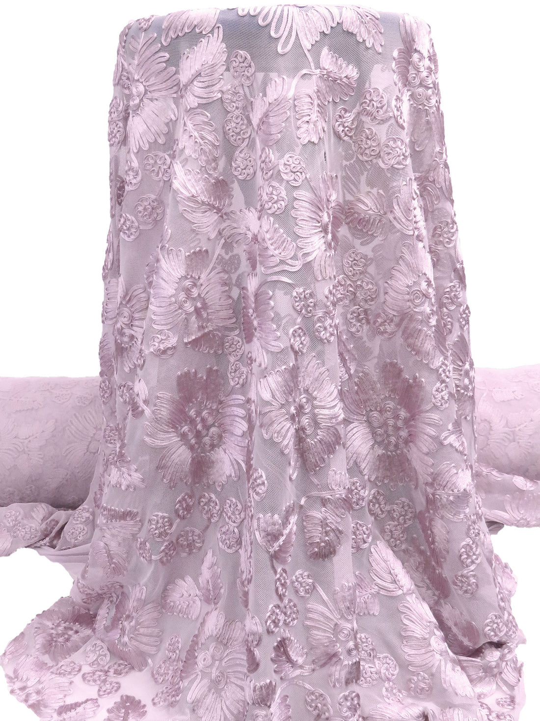 Light Dusty Lilac Nylon/Lycra Abstract Floral Soutache Mesh Knit - NY Designer - 56W