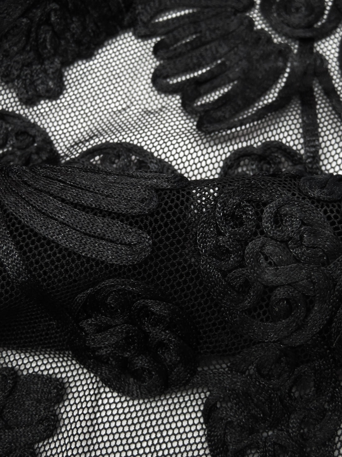 Raven Black Nylon/Lycra Abstract Floral Soutache Mesh Knit - NY Designer - 56W