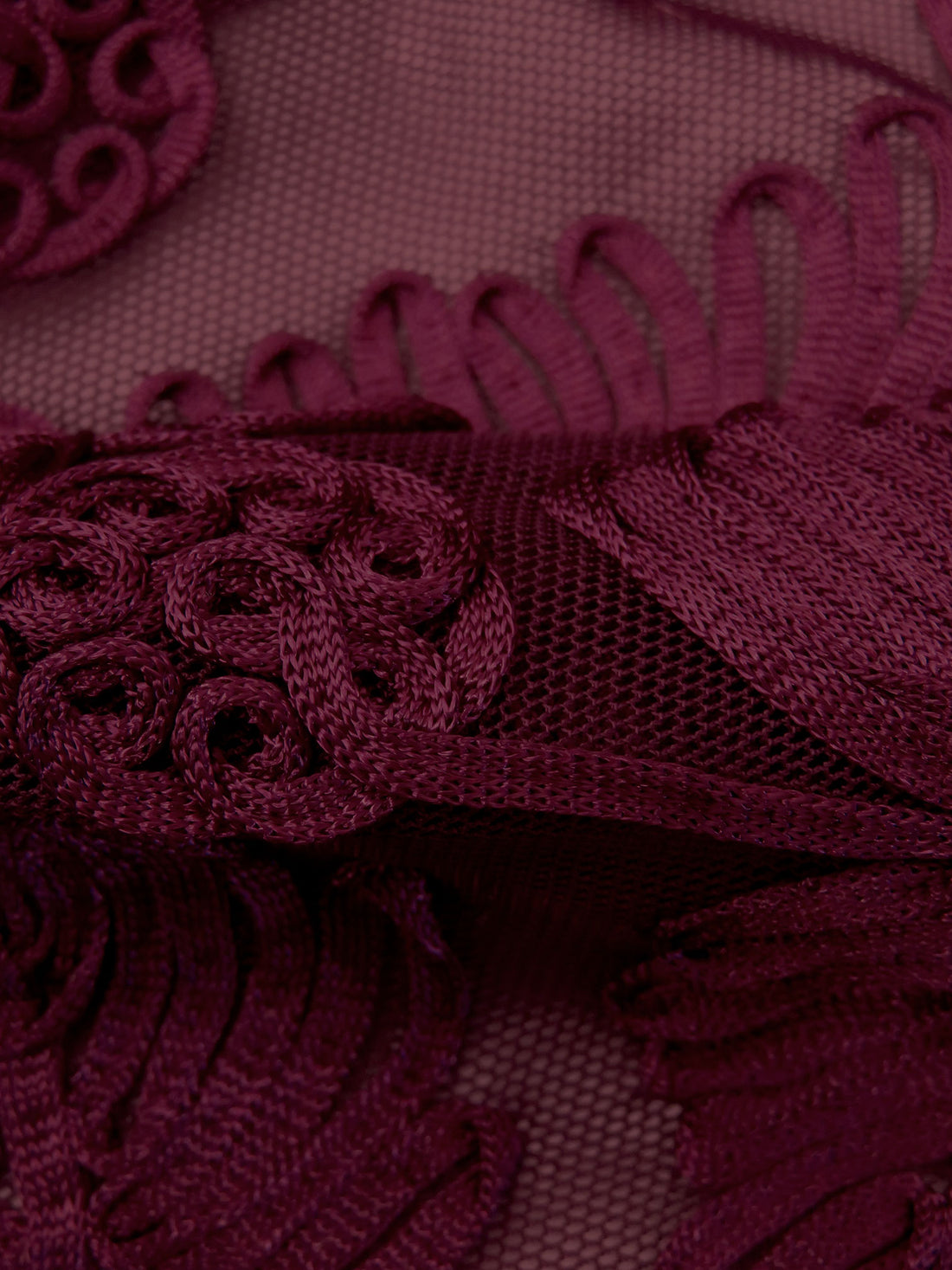 Dark Wine Nylon/Lycra Abstract Floral Soutache Mesh Knit - NY Designer - 56W