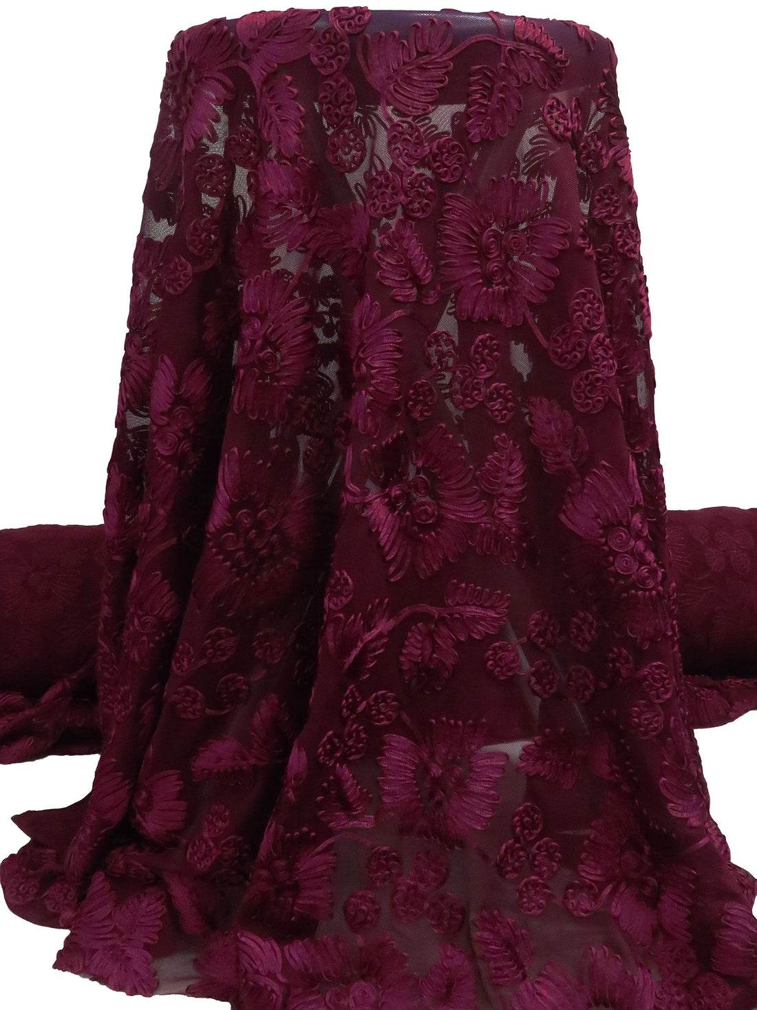 Dark Wine Nylon/Lycra Abstract Floral Soutache Mesh Knit - NY Designer - 56W