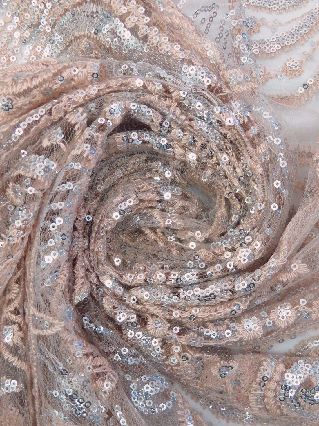 Light Pink Peach/Silver 100% Nylon Ornate Medallion Embroidered Sequin Netting - NY Designer - 52W