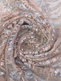 Light Pink Peach/Silver 100% Nylon Ornate Medallion Embroidered Sequin Netting - NY Designer - 52W