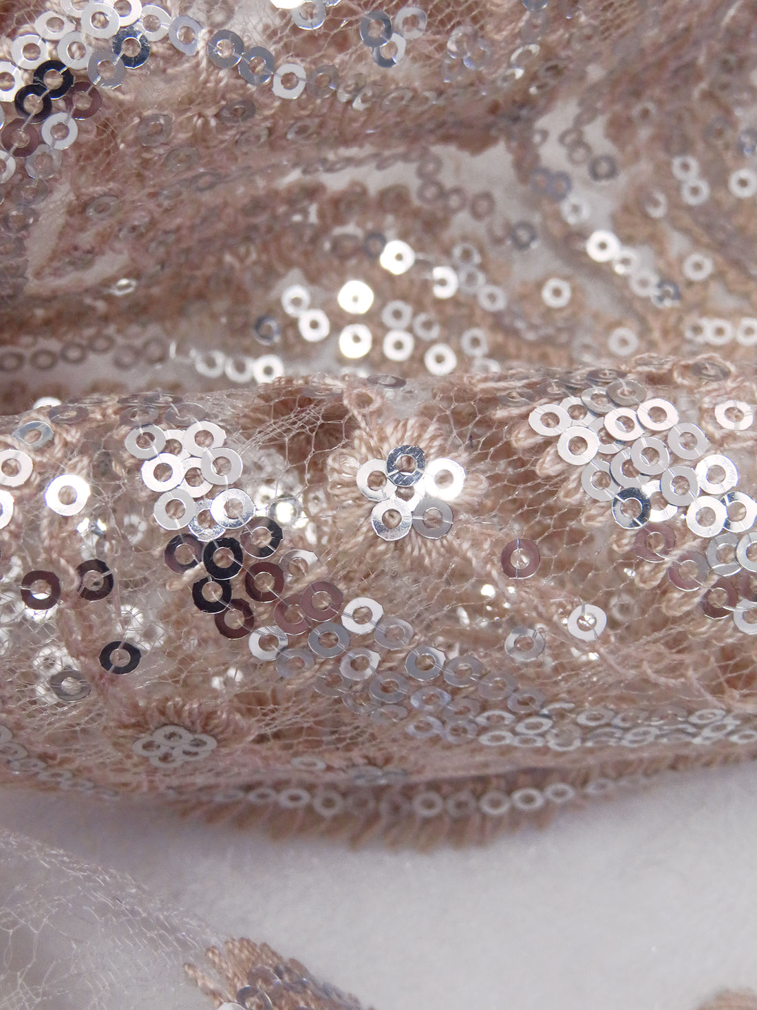 Light Pink Peach/Silver 100% Nylon Ornate Medallion Embroidered Sequin Netting - NY Designer - 52W