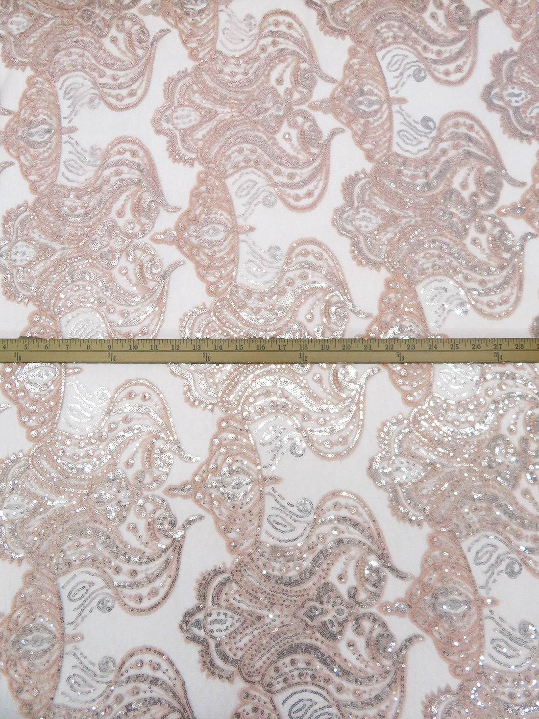 Light Pink Peach/Silver 100% Nylon Ornate Medallion Embroidered Sequin Netting - NY Designer - 52W