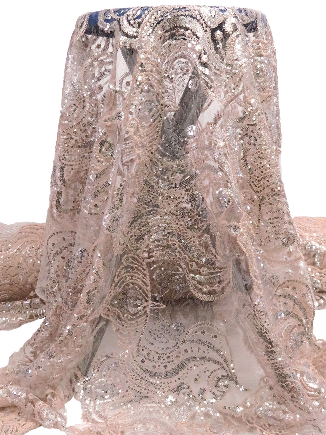 Light Pink Peach/Silver 100% Nylon Ornate Medallion Embroidered Sequin Netting - NY Designer - 52W