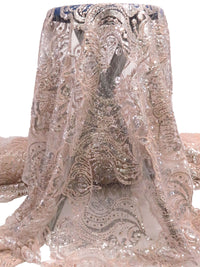 Light Pink Peach/Silver 100% Nylon Ornate Medallion Embroidered Sequin Netting - NY Designer - 52W