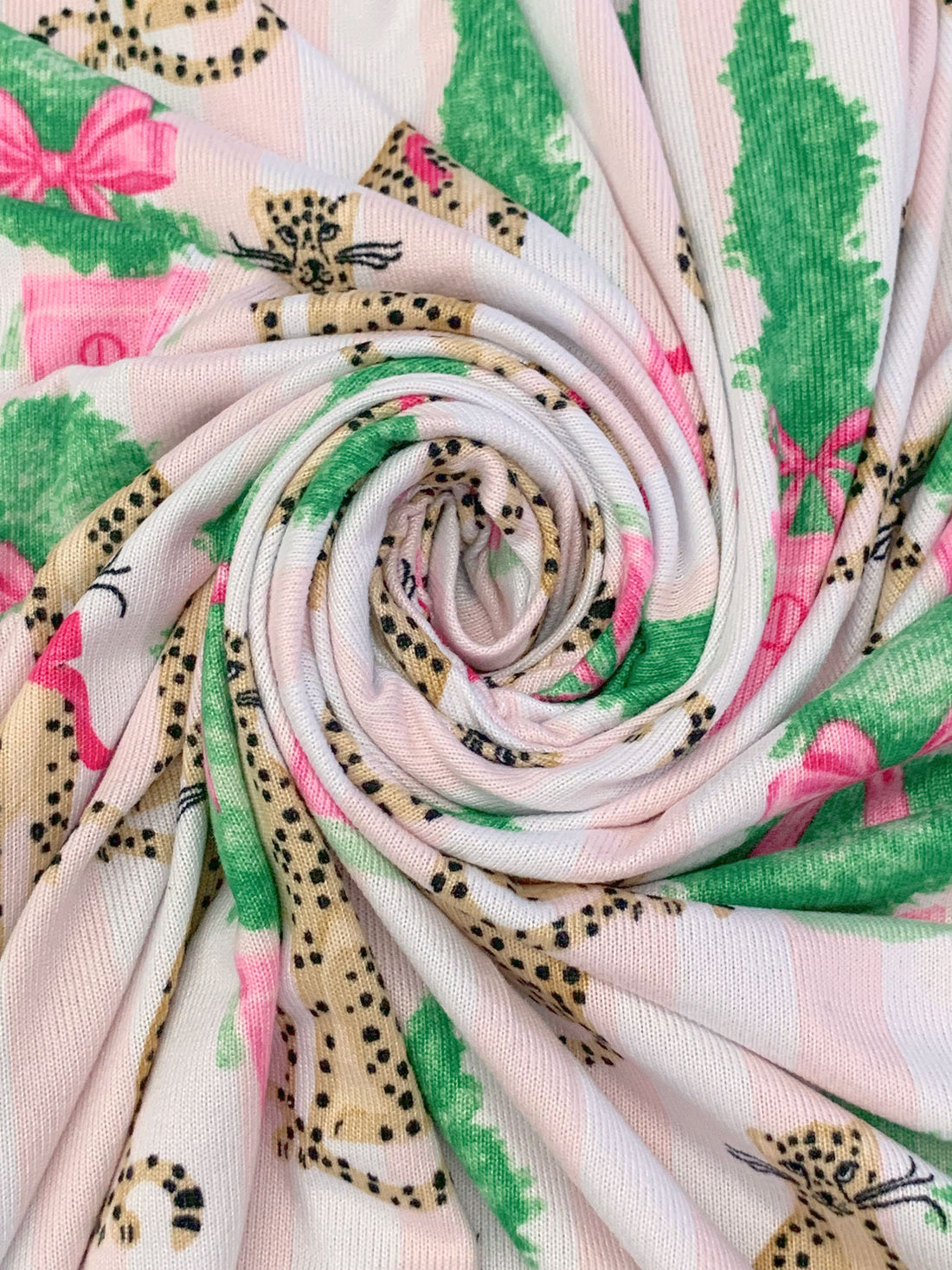 Champagne Pink/Camel/Sea Green/Multi Polyester/Lycra Cheetah Topiary Print Brushed Sweater Knit - NY Designer - 60W