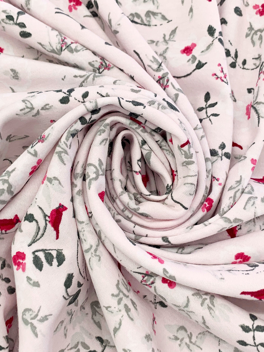 Palest Petal Pink/Carmine/Dark Slate 100% Cotton Floral Fauna Print Interlock Knit - NY Designer - 62W