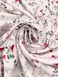 Palest Petal Pink/Carmine/Dark Slate 100% Cotton Floral Fauna Print Interlock Knit - NY Designer - 62W