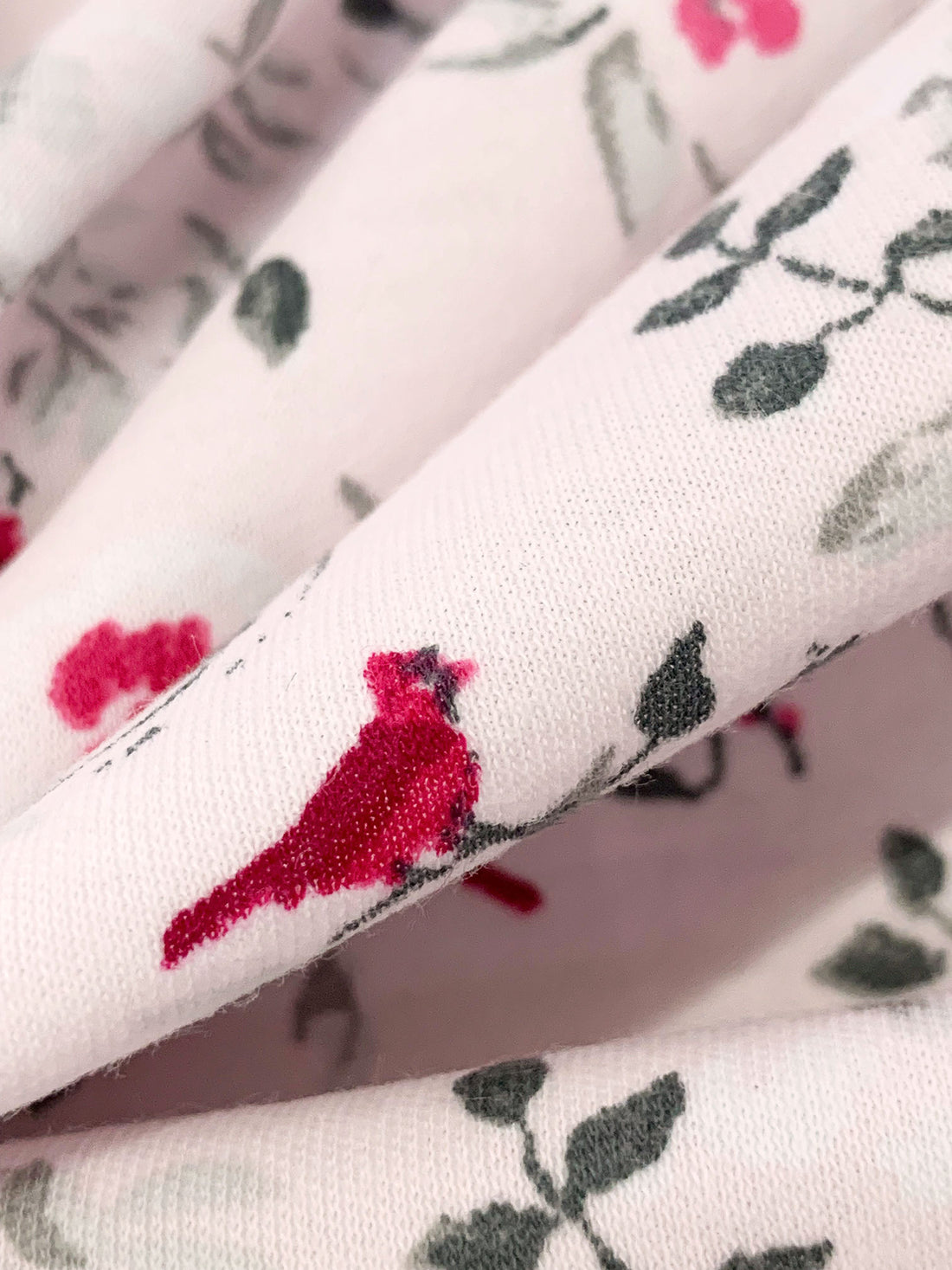 Palest Petal Pink/Carmine/Dark Slate 100% Cotton Floral Fauna Print Interlock Knit - NY Designer - 62W