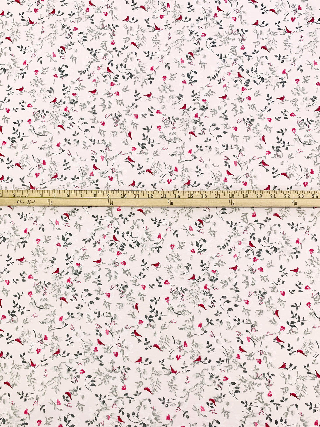 Palest Petal Pink/Carmine/Dark Slate 100% Cotton Floral Fauna Print Interlock Knit - NY Designer - 62W