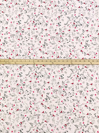 Palest Petal Pink/Carmine/Dark Slate 100% Cotton Floral Fauna Print Interlock Knit - NY Designer - 62W