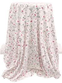 Palest Petal Pink/Carmine/Dark Slate 100% Cotton Floral Fauna Print Interlock Knit - NY Designer - 62W