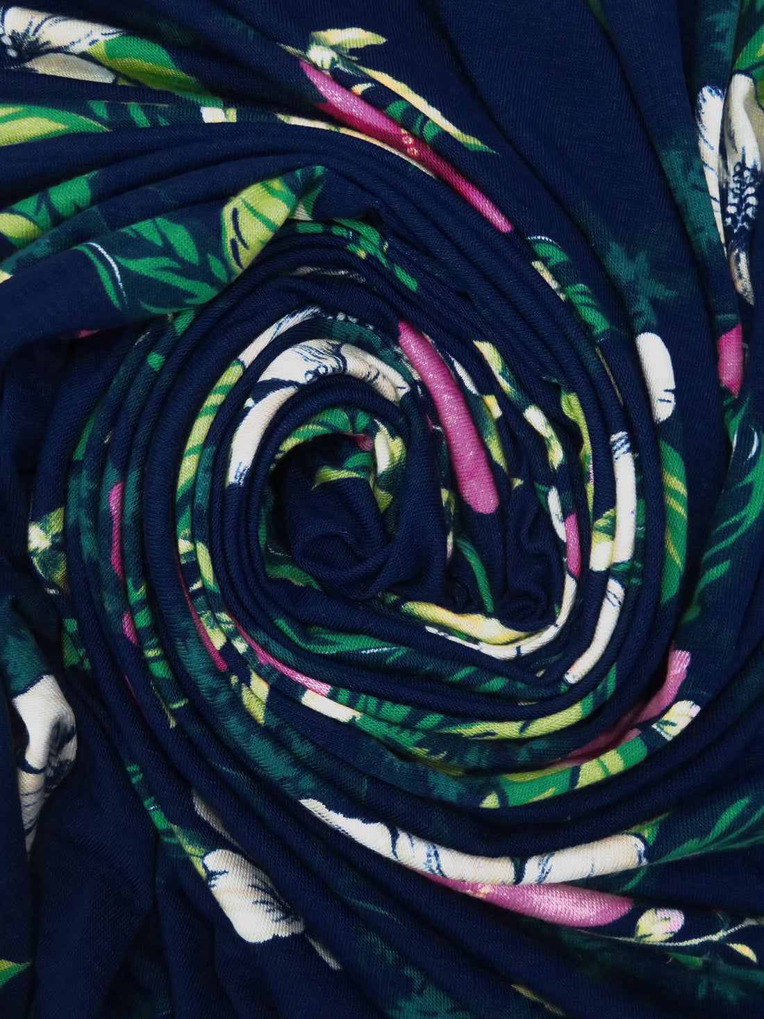 Midnight Blue/Dark Spring Green/French Plum/Multi Rayon/Lycra Tropical Floral Print Jersey Knit - NY Designer - 62W