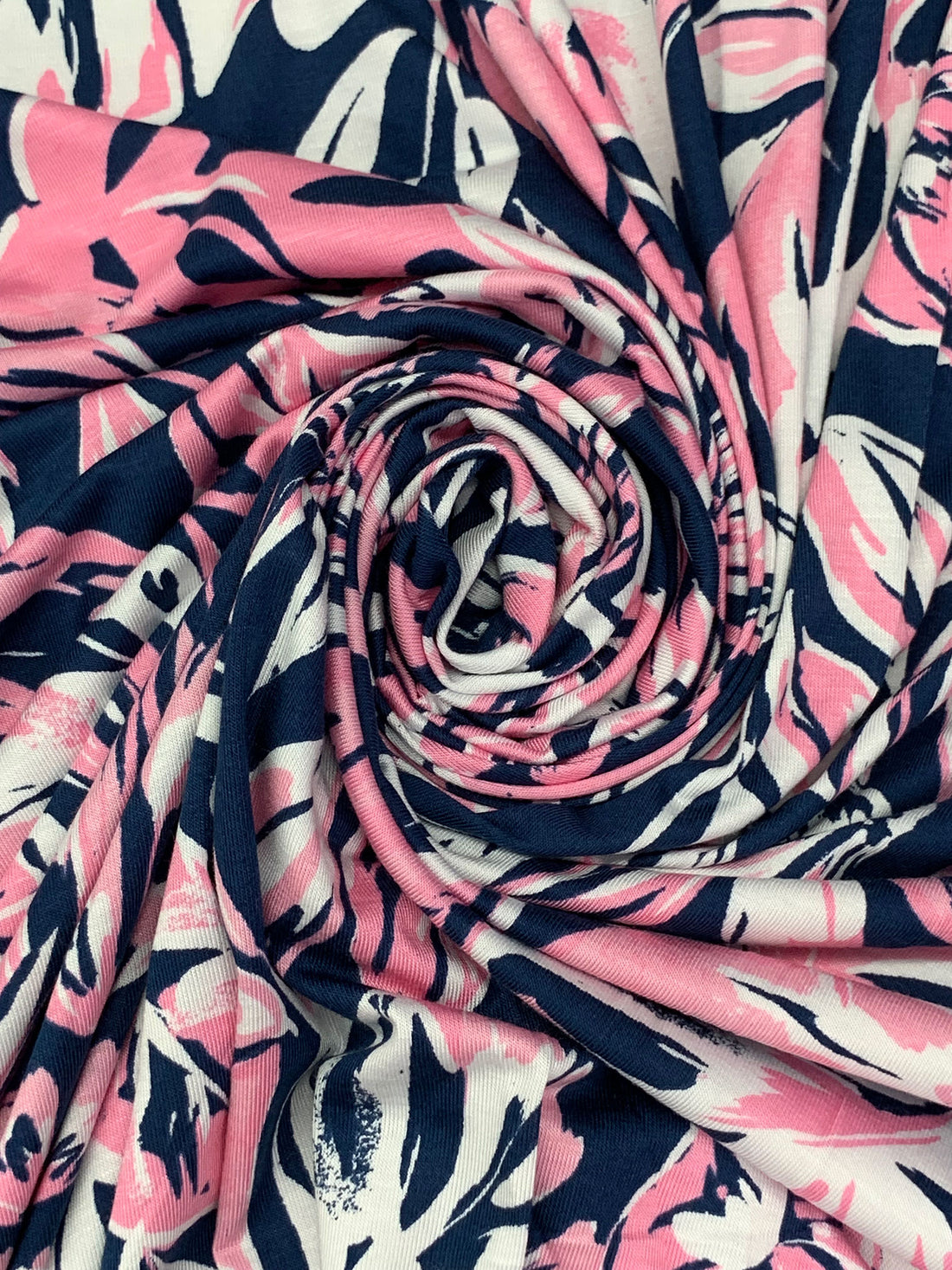 Cherry Blossom Pink/Dark Imperial Blue/White Rayon/Lycra Floral Print Jersey Knit - NY Designer - 64W