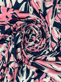 Cherry Blossom Pink/Dark Imperial Blue/White Rayon/Lycra Floral Print Jersey Knit - NY Designer - 64W