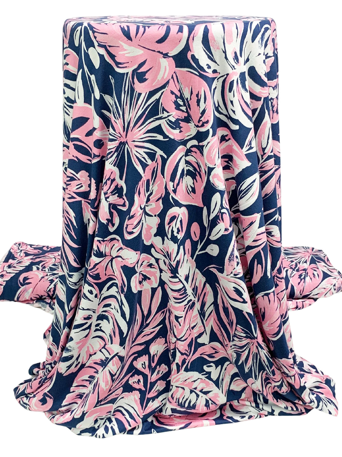 Cherry Blossom Pink/Dark Imperial Blue/White Rayon/Lycra Floral Print Jersey Knit - NY Designer - 64W