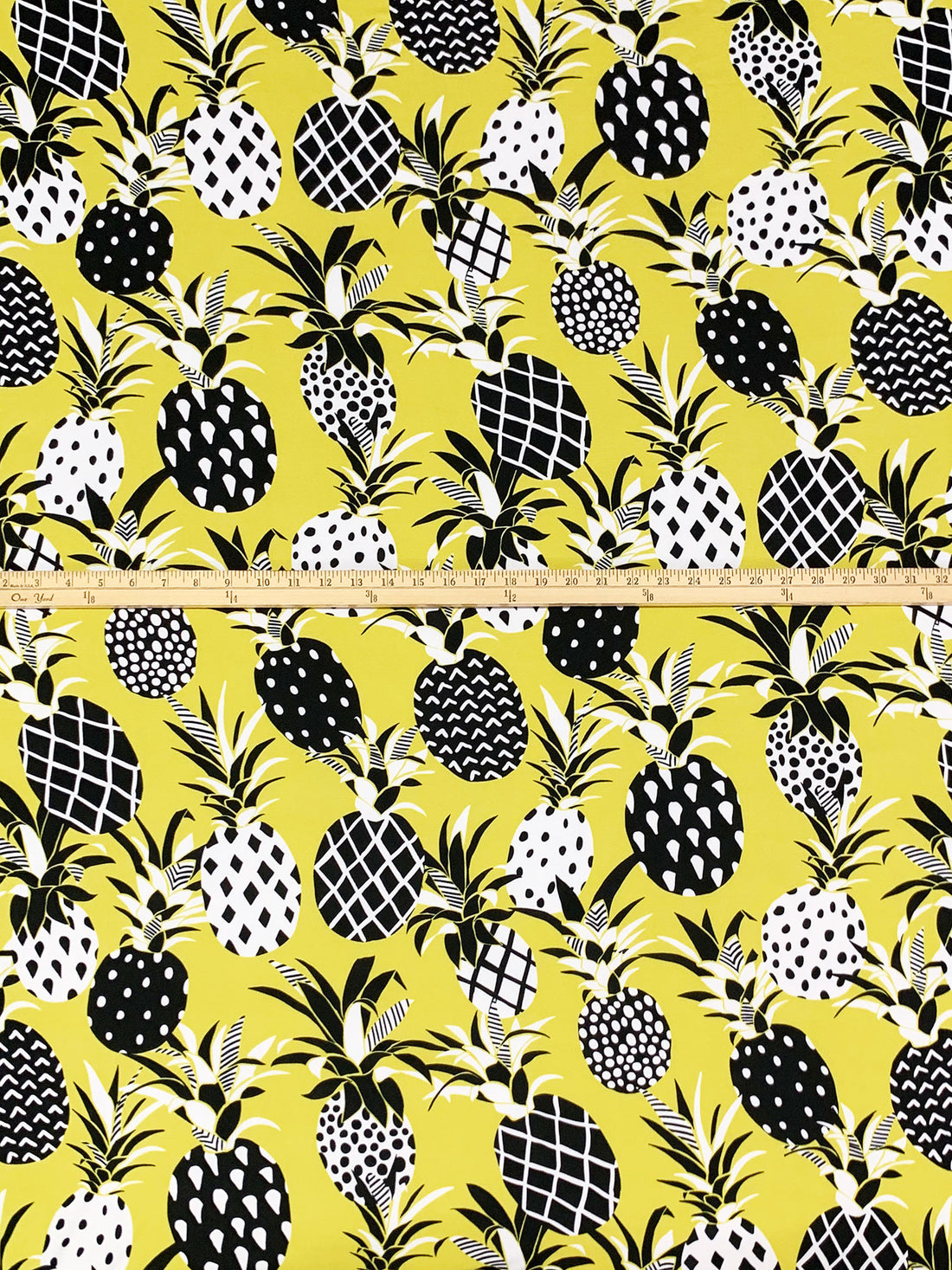 Peridot Yellow/Black/White Polyester/Lycra Stylized Pineapples Print Double Brushed Knit - NY Designer - 66W