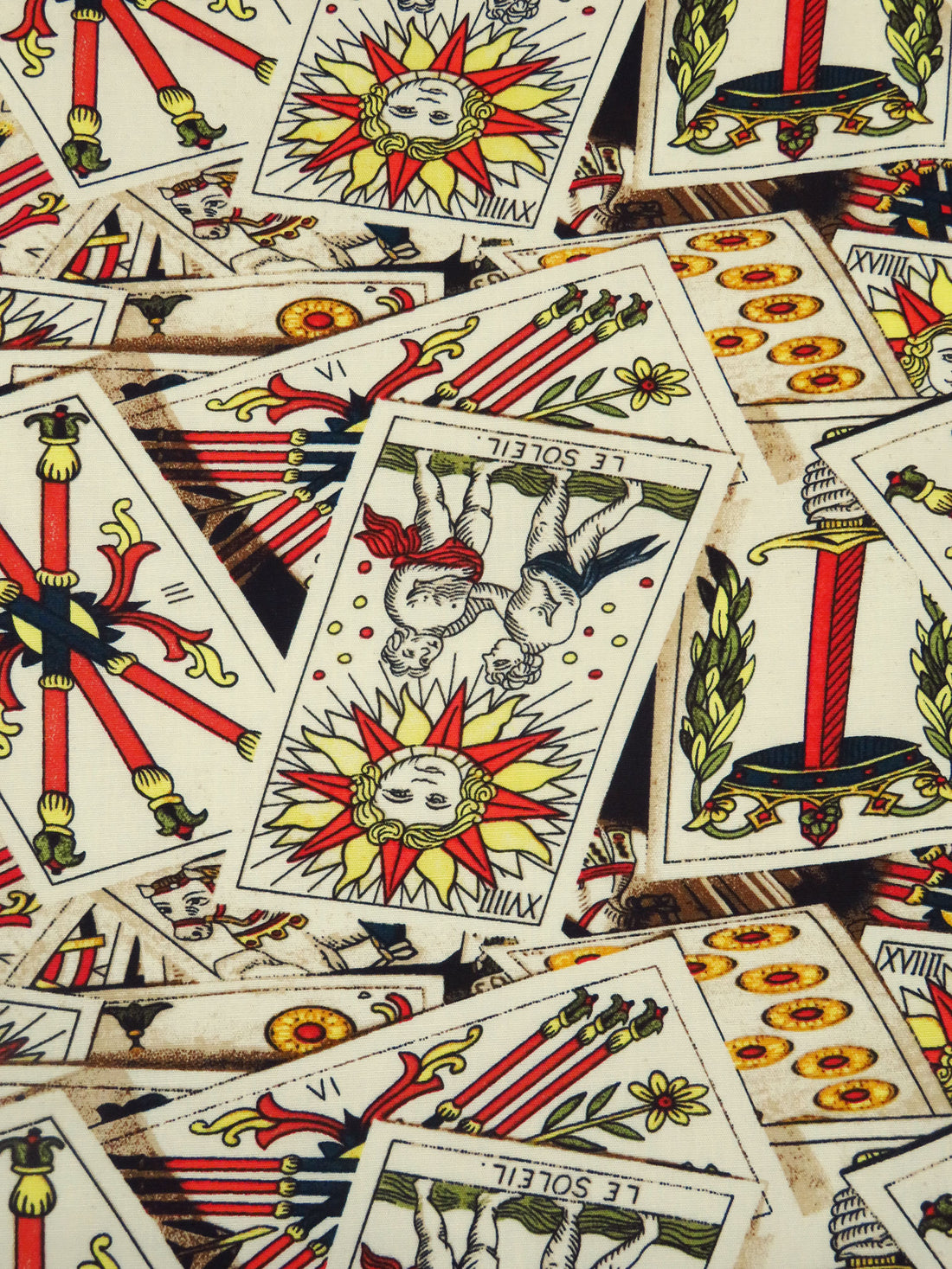 Wheat/Vermilion/Army Green/Multi Cotton/Lycra Tarot Card Print Stretch Poplin Shirting 58W