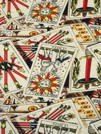 Wheat/Vermilion/Army Green/Multi Cotton/Lycra Tarot Card Print Stretch Poplin Shirting 58W
