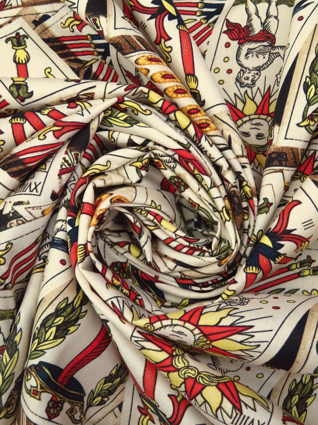 Wheat/Vermilion/Army Green/Multi Cotton/Lycra Tarot Card Print Stretch Poplin Shirting 58W