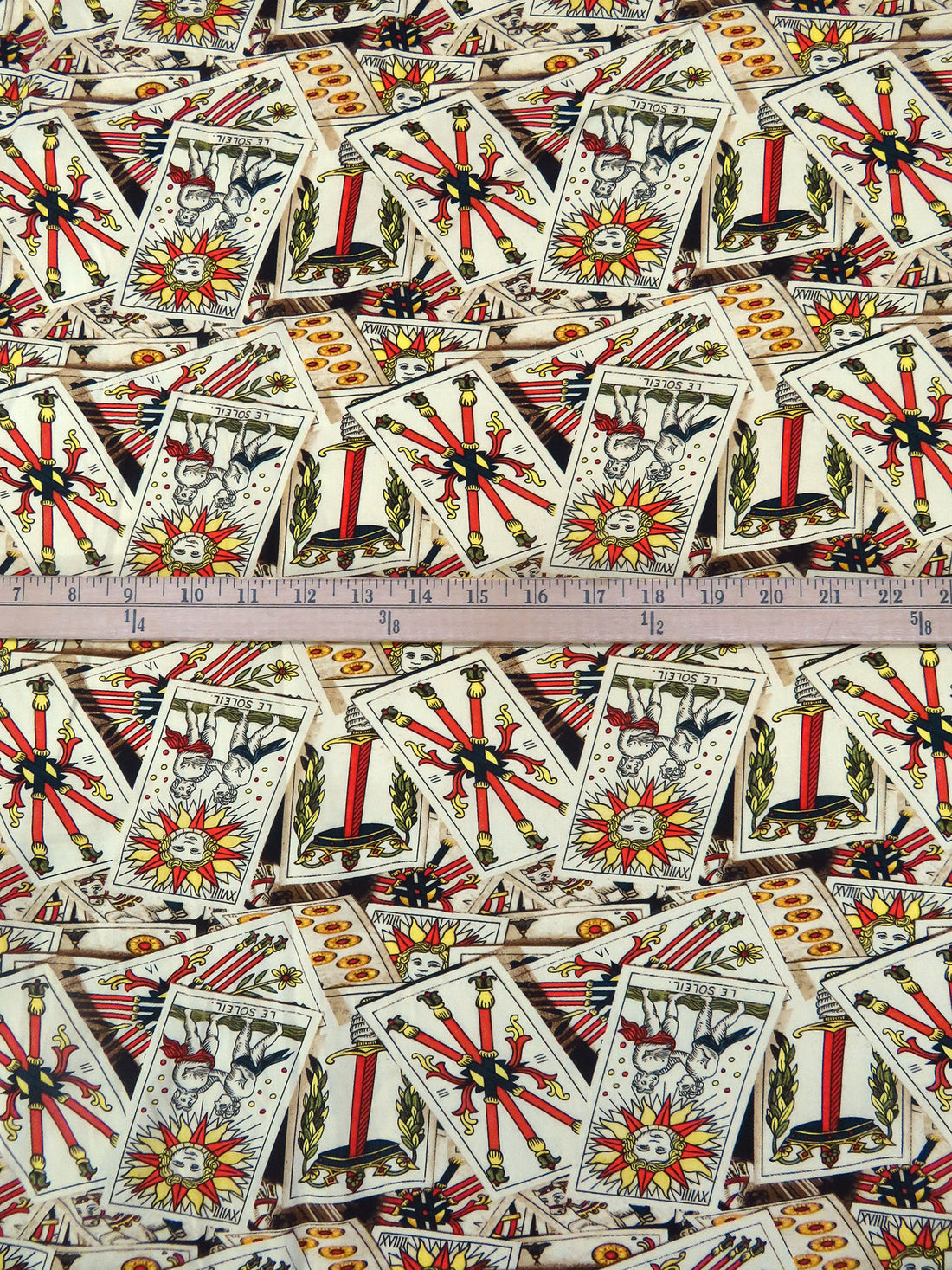 Wheat/Vermilion/Army Green/Multi Cotton/Lycra Tarot Card Print Stretch Poplin Shirting 58W