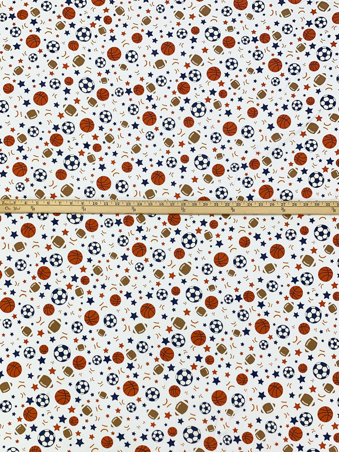 White/Dark Lapis/Raw Umber/Multi Cotton/Polyester Sports Print Interlock Knit 58W