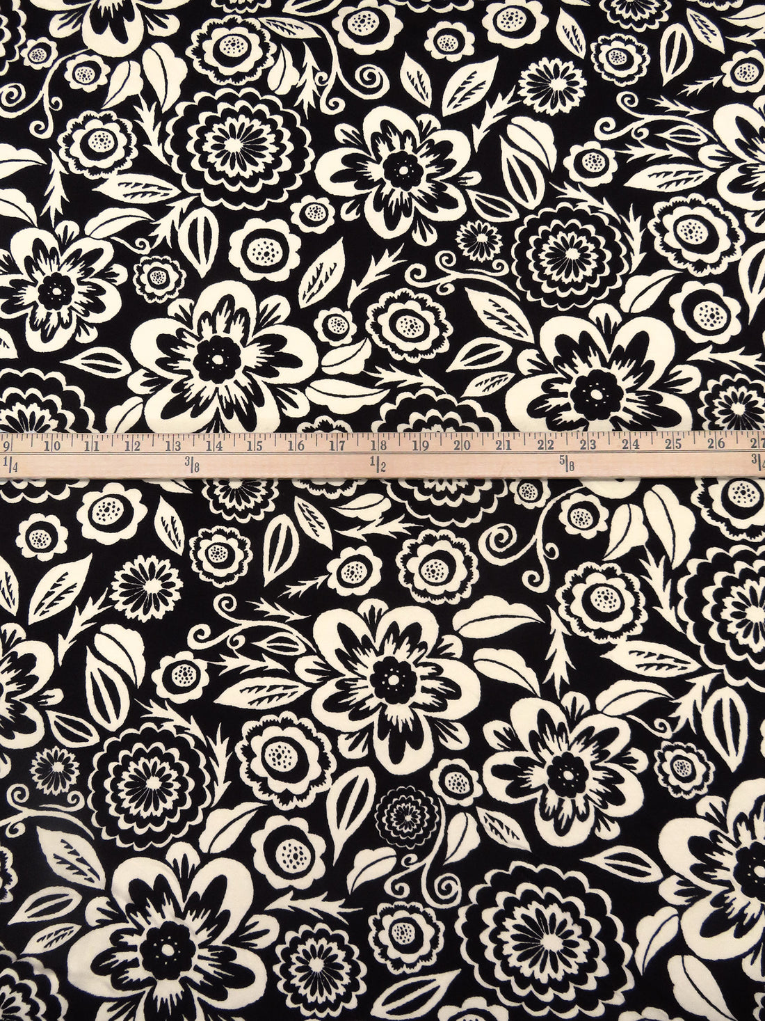 Black/Buttercream 100% Cotton Abstract Floral Print Interlock Knit 57W