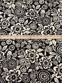 Black/Buttercream 100% Cotton Abstract Floral Print Interlock Knit 57W