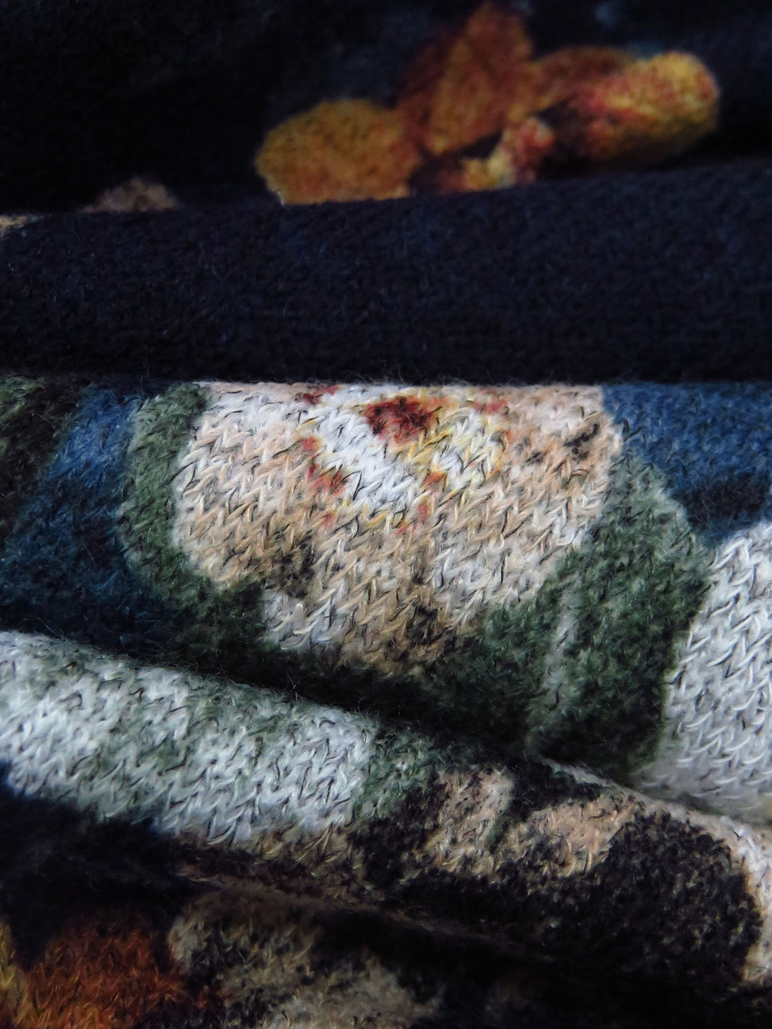 Midnight Blue/Dark Goldenrod/Deep Moss Green/Multi Polyester/Lycra Floral Print Sweater Knit 56W