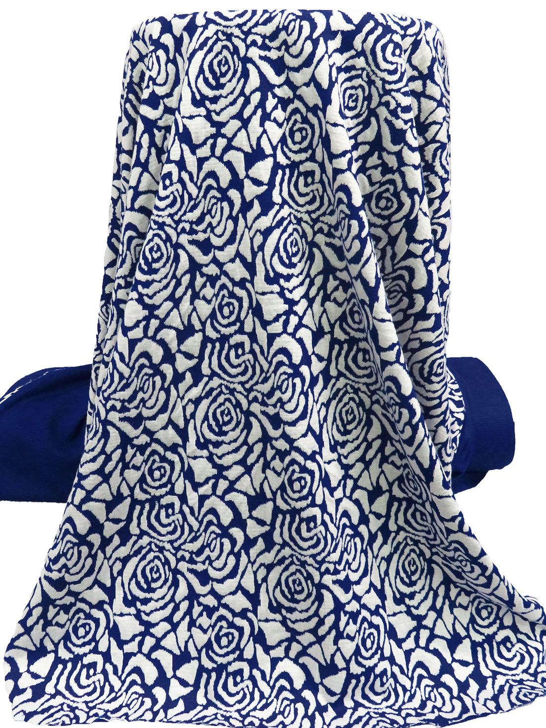 Navy Blue/White Polyester/Rayon Abstract Rose Weave Jacquard Double Knit 60W