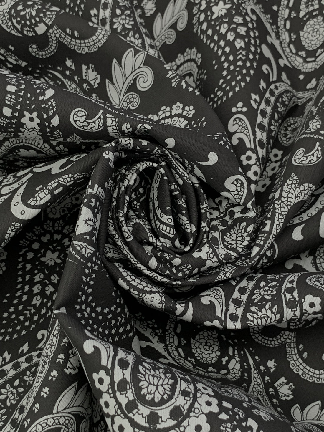 Black/Castle Gray Cotton/Lycra Stylized Paisley Print Stretch Twill Bottom Weight Woven 48W