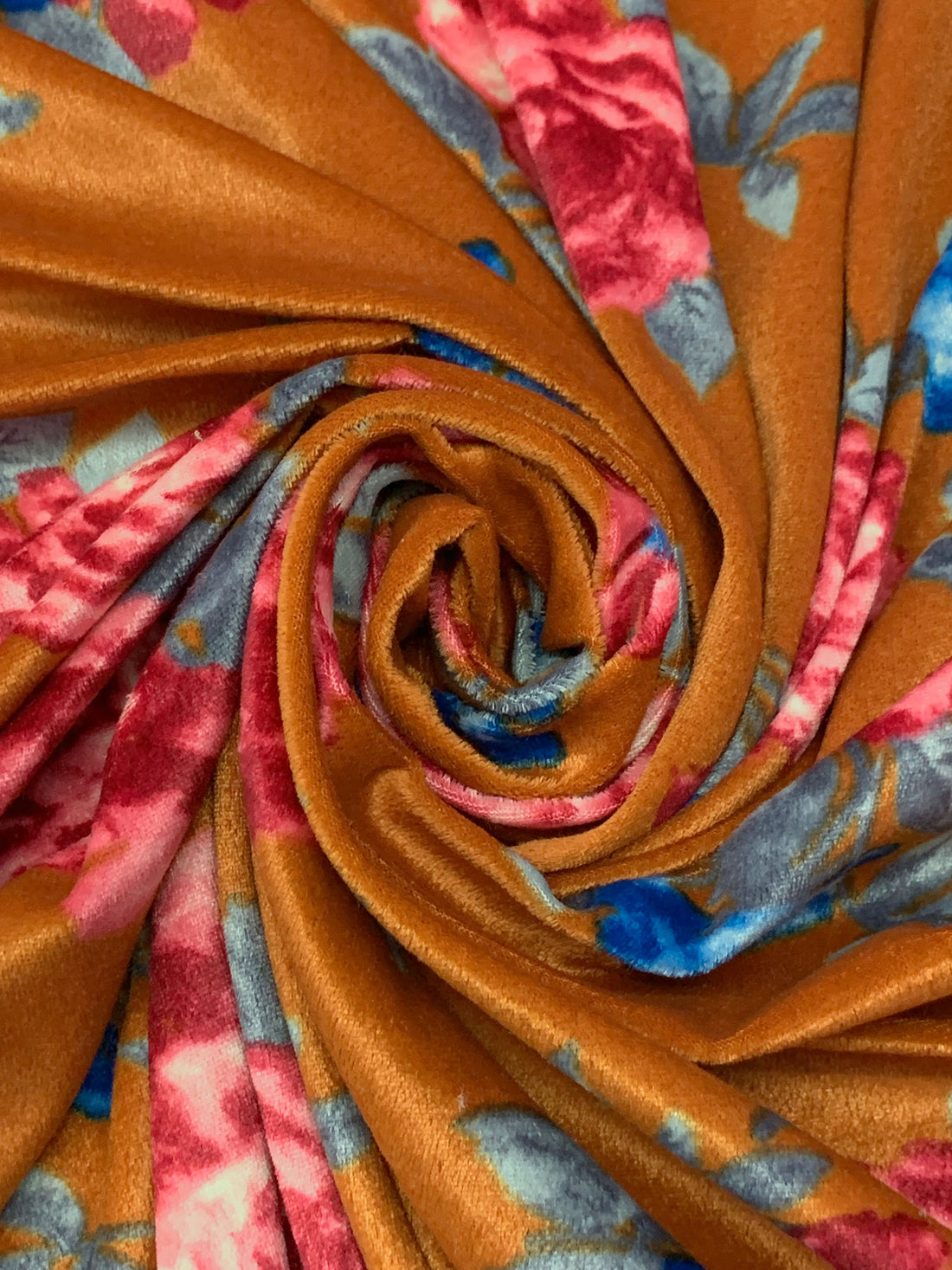 Copper/French Blue/French Rose Pink/Multi Polyester/Lycra Floral Print Stretch Velvet Knit 58W