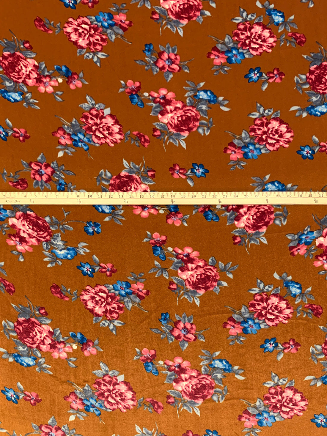 Copper/French Blue/French Rose Pink/Multi Polyester/Lycra Floral Print Stretch Velvet Knit 58W
