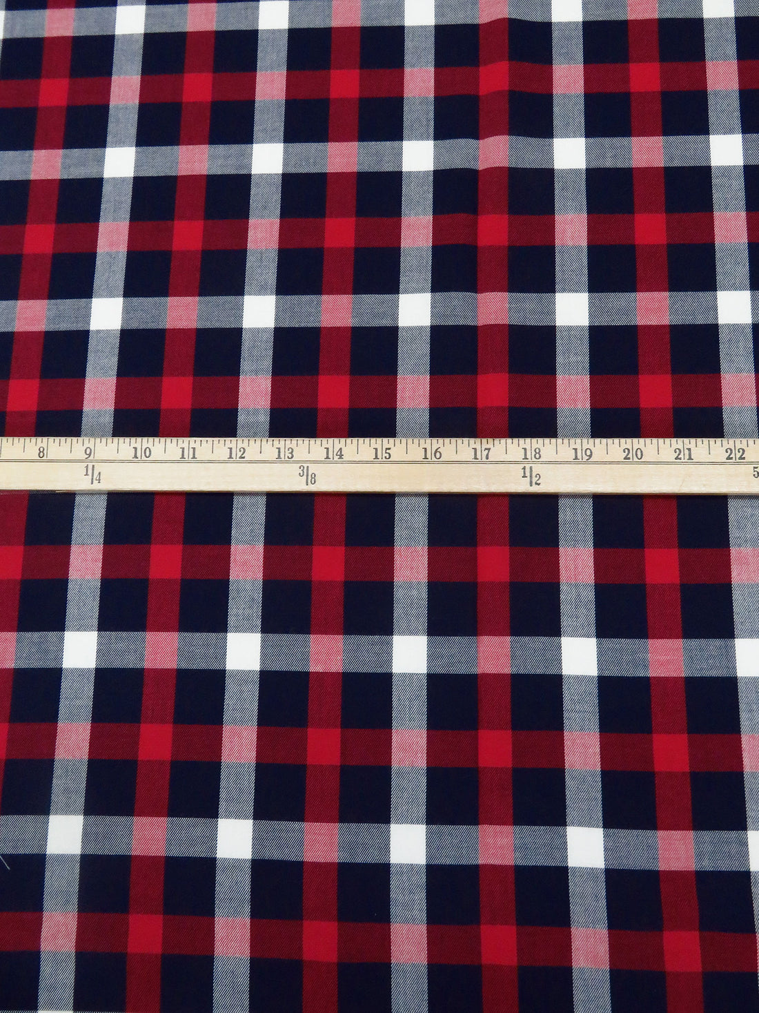 Midnight Navy/White/Crimson Cotton/Rayon Plaid Weave Yarn-Dyed Shirting - NY Designer - 58W