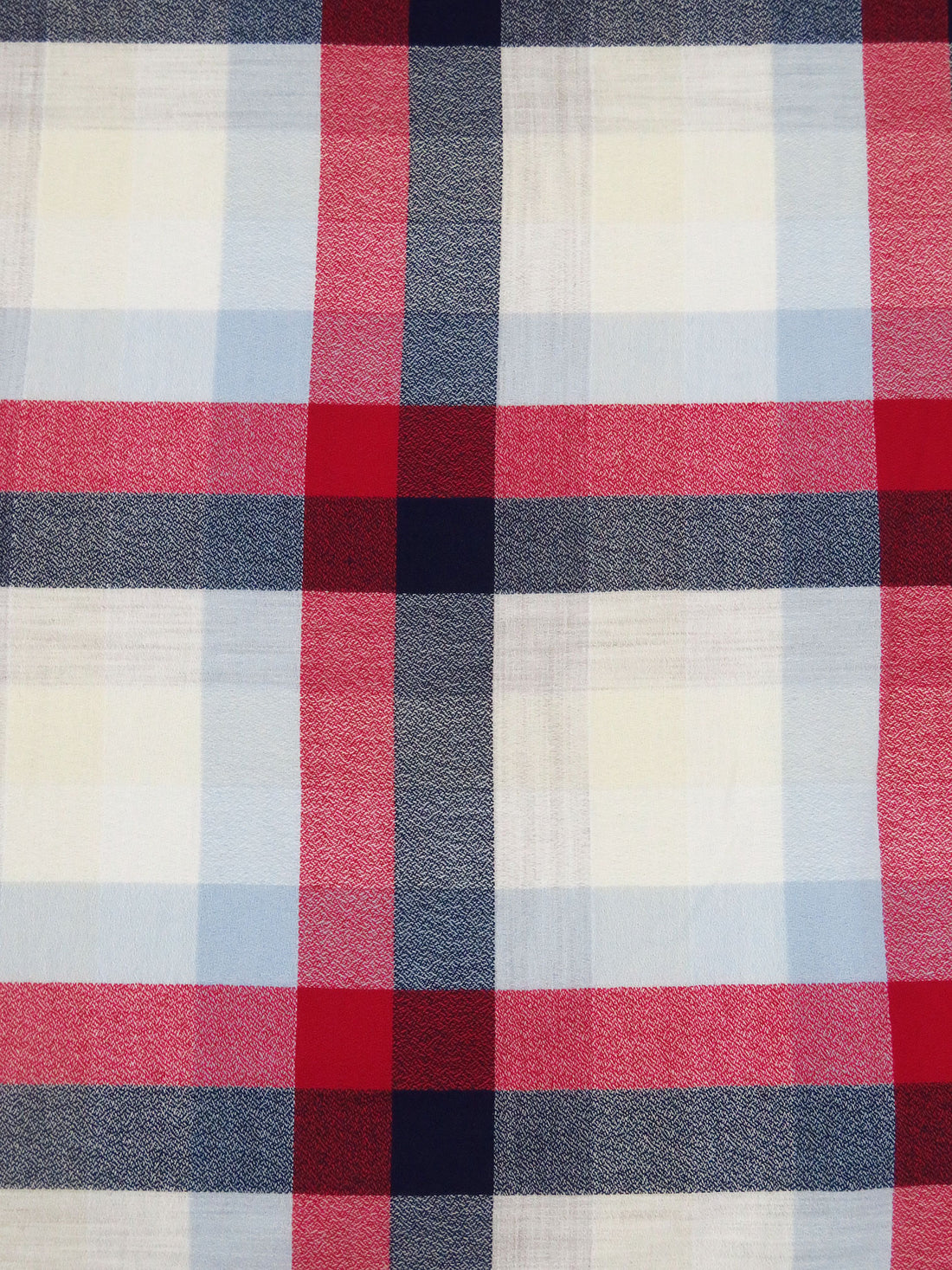 Off-White/Wine Red/Midnight Navy/Multi Cotton/Rayon Plaid Weave Crepe Shirting - NY Designer - 56W