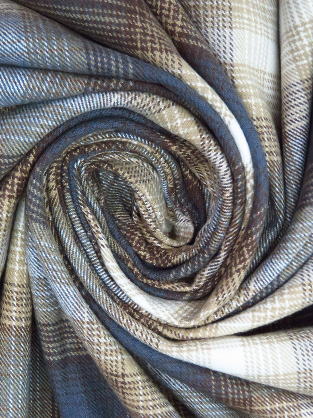 Dark Tan/White/Dark Cerulean/Dark Rose Ebony 100% Cotton Yarn-Dyed Plaid Weave Flannel Shirting - NY Designer - 54W