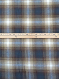 Dark Tan/White/Dark Cerulean/Dark Rose Ebony 100% Cotton Yarn-Dyed Plaid Weave Flannel Shirting - NY Designer - 54W