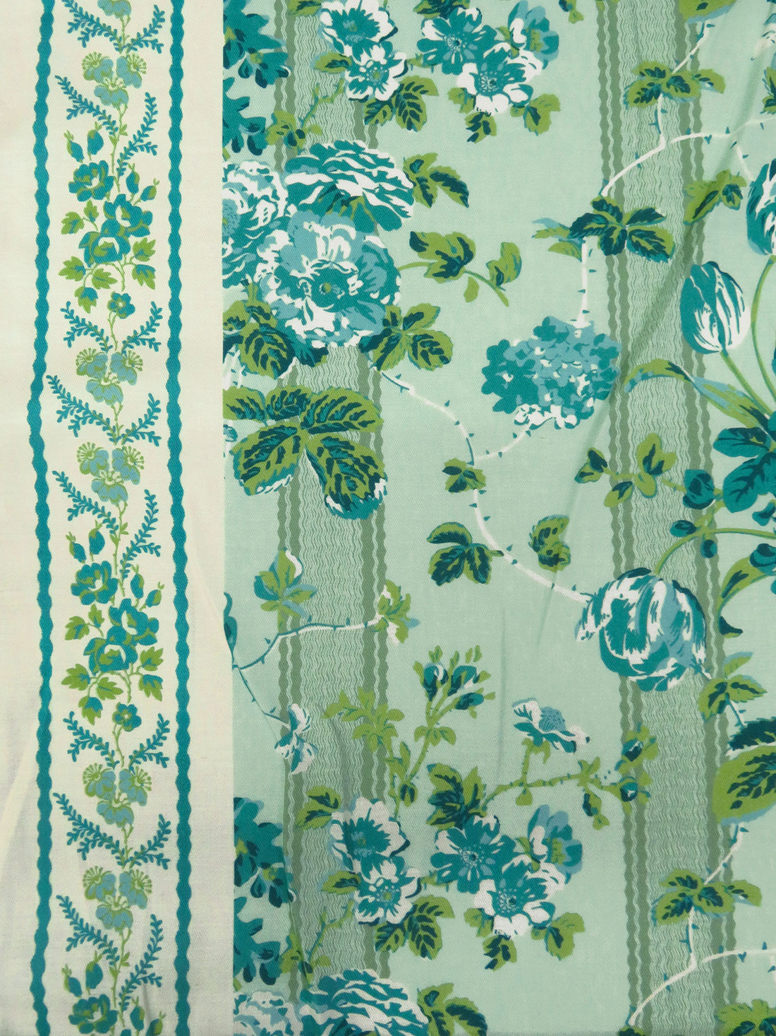 Teal/Pomelo Green/Celadon/Multi 100% Rayon Single Border Floral On Vertical Stripe Print Twill Challis - NY Designer - 56W