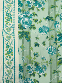 Teal/Pomelo Green/Celadon/Multi 100% Rayon Single Border Floral On Vertical Stripe Print Twill Challis - NY Designer - 56W