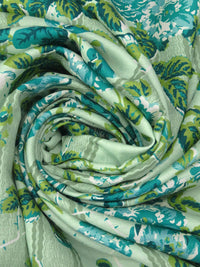 Teal/Pomelo Green/Celadon/Multi 100% Rayon Single Border Floral On Vertical Stripe Print Twill Challis - NY Designer - 56W