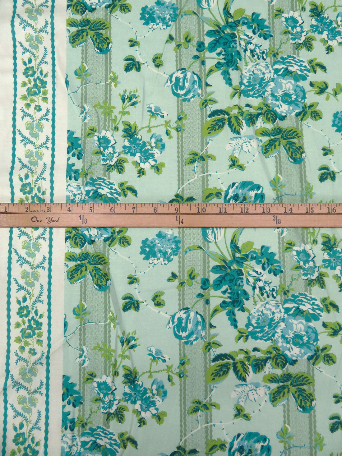 Teal/Pomelo Green/Celadon/Multi 100% Rayon Single Border Floral On Vertical Stripe Print Twill Challis - NY Designer - 56W