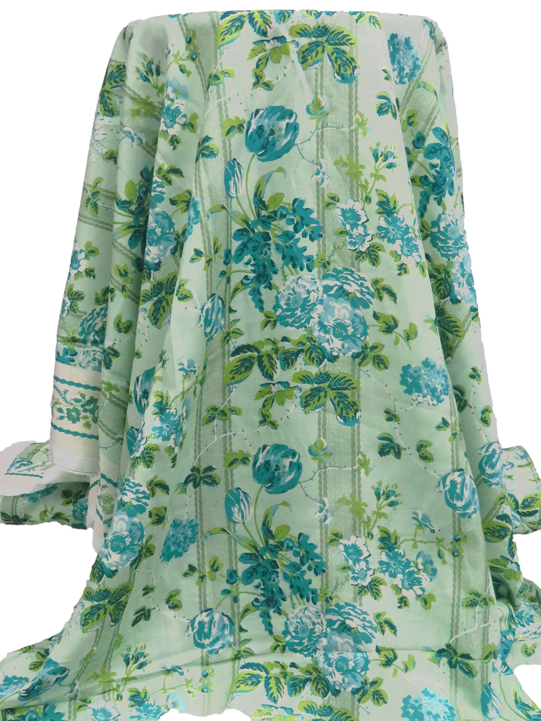Teal/Pomelo Green/Celadon/Multi 100% Rayon Single Border Floral On Vertical Stripe Print Twill Challis - NY Designer - 56W