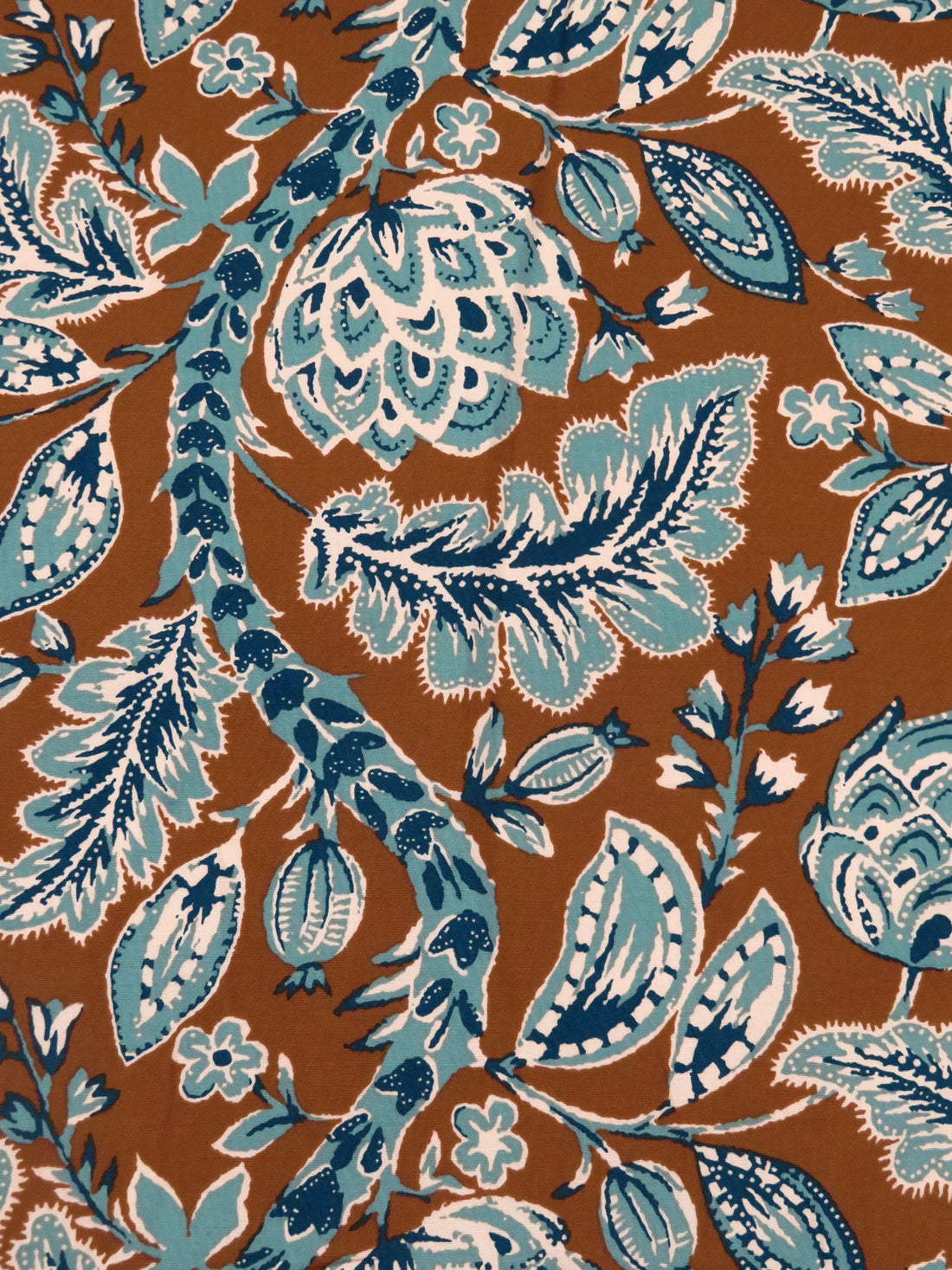 Saddle Brown/Steel Teal/Manilla/Multi Cotton/Lycra Folk Floral Vines Print Lawn - NY Designer - 56W
