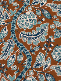 Saddle Brown/Steel Teal/Manilla/Multi Cotton/Lycra Folk Floral Vines Print Lawn - NY Designer - 56W