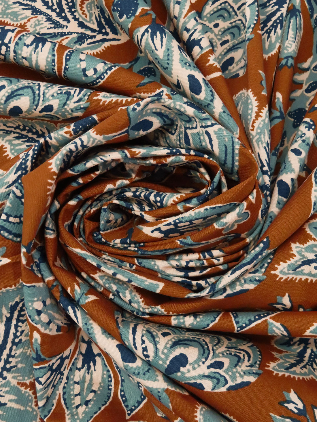 Saddle Brown/Steel Teal/Manilla/Multi Cotton/Lycra Folk Floral Vines Print Lawn - NY Designer - 56W