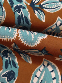 Saddle Brown/Steel Teal/Manilla/Multi Cotton/Lycra Folk Floral Vines Print Lawn - NY Designer - 56W