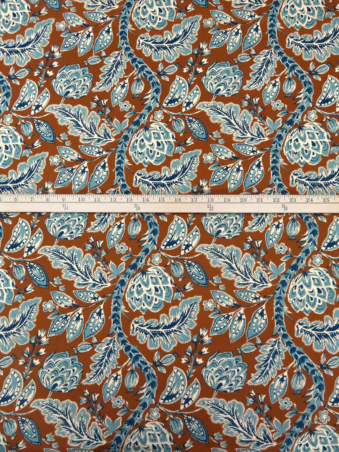 Saddle Brown/Steel Teal/Manilla/Multi Cotton/Lycra Folk Floral Vines Print Lawn - NY Designer - 56W