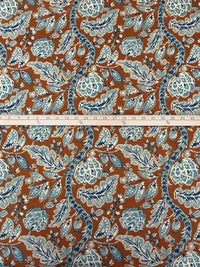 Saddle Brown/Steel Teal/Manilla/Multi Cotton/Lycra Folk Floral Vines Print Lawn - NY Designer - 56W